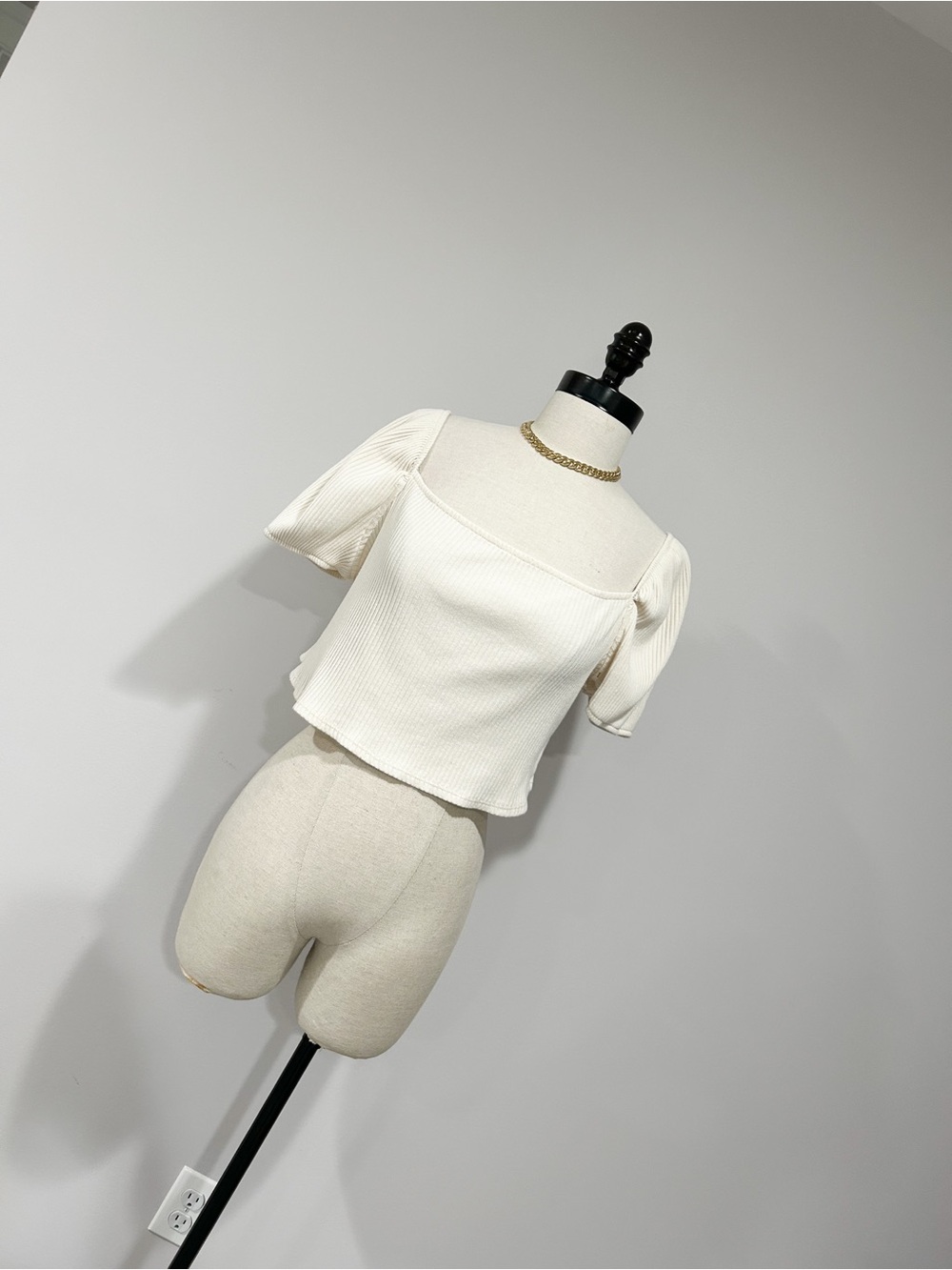 H&M Cream Square Neck Ribbed Puff Sleeve Top